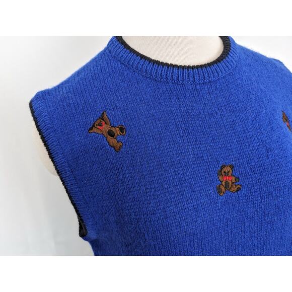 Vintage 80s Sweater Vest Blue Wool Teddy Bears Sleeveless Misses Size M - Picture 3 of 9
